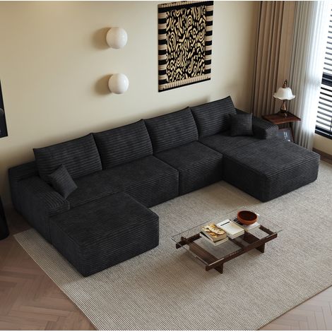 Sofá modular en L 340 cm negro de tela acanalada con chaise longue y sin montaje