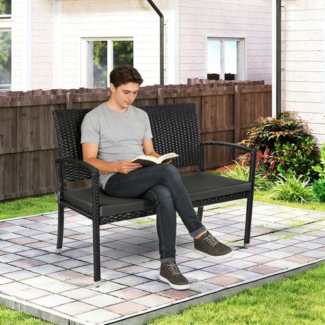 Jiubiaz 2-Sitzer Gartenbank Schwarz mit 5 cm Sitzkissen und Stahlrahmen für Garten Balkon