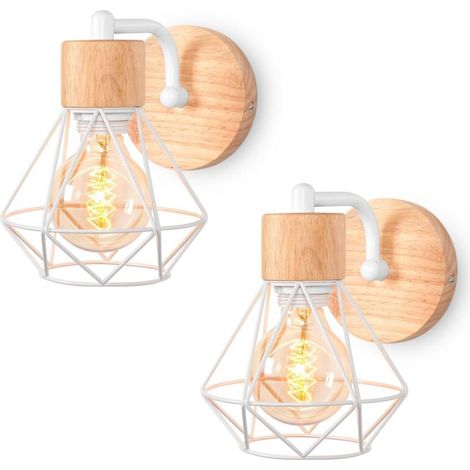 2pcs Applique Murale Cage en Métal Vintage Rétro Lampe Murale E27 Bois Industrielle Lampe de Mur Lampe de Chevet pour Chambre, Salon, Escalier, Couloir Blanc (1/5)