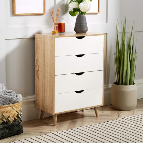 Chest of 4 Drawers Oak and White Bedroom Storage Solid Wood Legs Scandi Style (1/5)