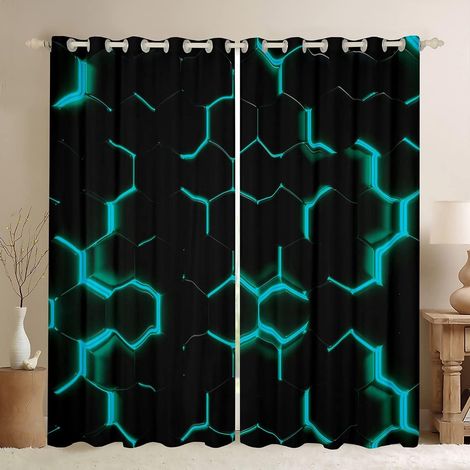Rideaux imprimés vert d'eau et noir, rideaux hexagonaux pour fenêtres, chambre à coucher, salon, enfants, adolescents, décoration nid d'abeille, traitements, rideaux pour fenêtres, ruche - W 46 x L 54 (1/5)