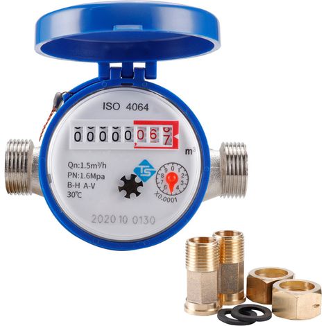 Contatore dell'acqua fredda da 15 mm (1/2 pollice) con raccordi, contatore girevole regolabile a 360° per uso domestico e in giardino.