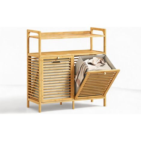 Meuble à linge sale en bambou naturel 2 paniers amovibles 2 (1/5)