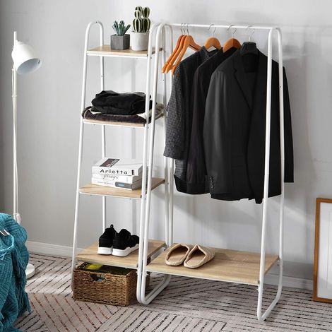 Heavy-duty metal clothes rack with shoe shelf, storage cabinet, 4 tiers, ladder-style bookcase, shelf for hallway, bedroom, entryway, living room (oak) (1/5)