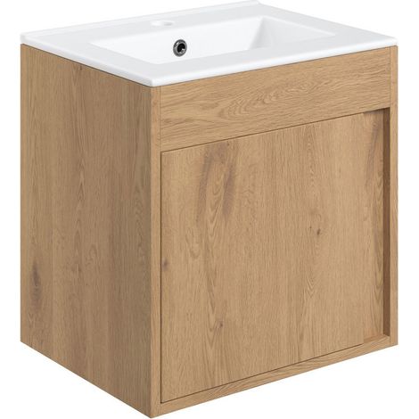 Signature Helsinki Wall Hung 1-Door Vanity Unit with Basin 510mm Wide - Seville Oak (1/5)