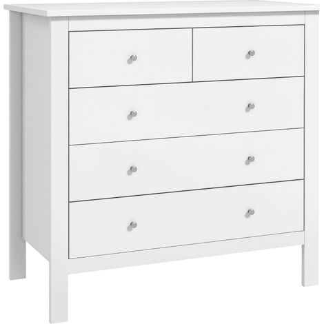 Commode à 5 tiroirs, meuble de rangement, avec poignées, glissières métalliques, en bois, 79l x 39,5P x 80,5H cm, blanc