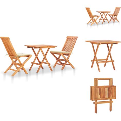 The Living Store 3-tlg. Bistroset mit Cremeweißen Kissen Massivholz Teak - Gartenmöbel (1/5)
