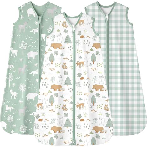 Gigoteuse été 6-12 Mois 0.5 Tog, Turbulette Coton pour Nouveau-né et Nourrisson, Pack de 3 Sac de Couchage bébé Léger avec Double Fermeture éclair 66-76 cm Ours Vert (1/5)