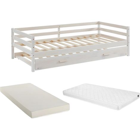 Letto a scomparsa + materasso 2 x 90 x 190 cm Pino massello e MDF Sbiancato - AEDAN II (1/5)