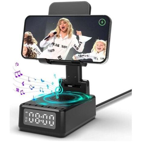 Enceinte Bluetooth Portable 5 en1,Reveil Matin,Chargeur sans Fil,Support Pliable pour téléphone Portable Bureau,Idee Cadeau Homme Anniversaire,Original utile Cadeau pour Homme,Femme,Papa,Ado,collegue