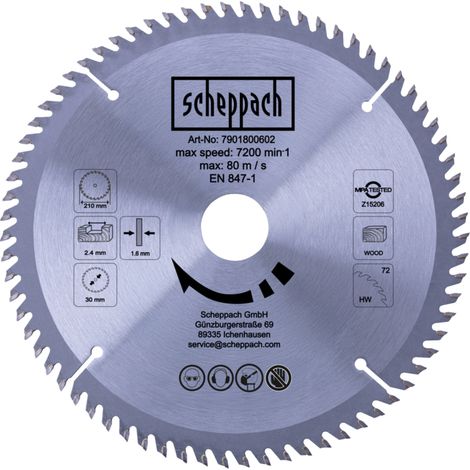 Scheppach Lame de scie circulaire HW - Ø 210 mm - 72 dents - Alésage 30 mm - Pour bois massif, panneaux agglomérés et stratifié