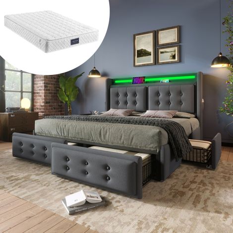 Lit double 140x200 – LED + USB-C + 4 tiroirs – Coffre – Bois/métal – 300kg – Gris coton – Avec matelas (1/5)
