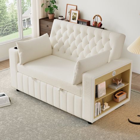 Divano letto multifunzione 2 posti 140x137x84 cm in ciniglia beige con USB e vano (1/5)