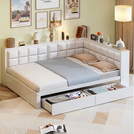 Lit banquette en bois 140x200 cm, blanc, avec dossier moelleux et 2 tiroirs de rangement (1/5)