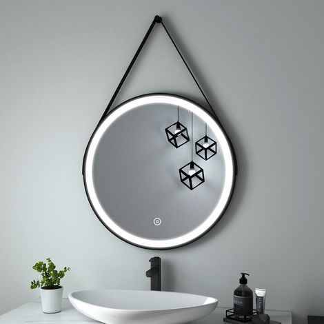 Heilmetz Espejos de Baño con Luz Redondo con luz ф60cm con correa negra ajustable, con luz blanca fría e interruptor táctil (1/5)