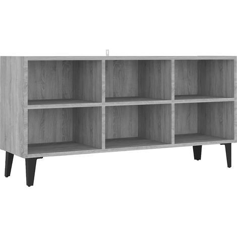 Meuble TV avec pieds en métal 103,5 x 30 x 50 cm nombreux compartiments style moderne en bois d'ingénierie gris (1/4)
