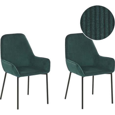 Conjunto de 2 sillas de comedor tapizadas en pana verde con patas negras estilo retro glamour Loverna