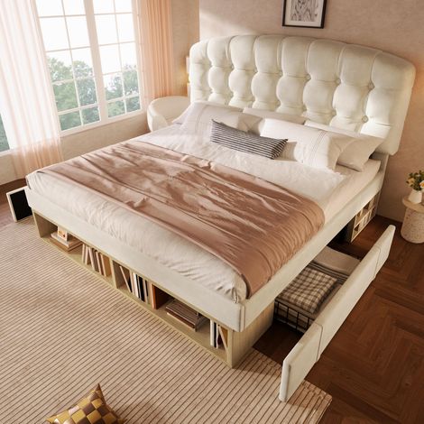 Lit double 140x190, lit capitonné en velours beige avec sommier à lattes, cadre de lit avec tête de lit incurvée réglable en hauteur, lit avec tiroirs et espace de rangement