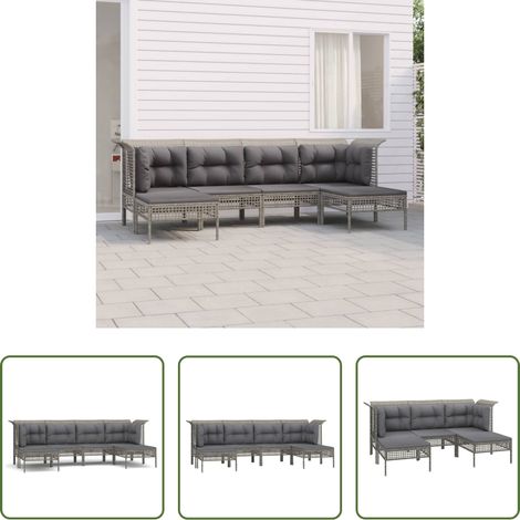 Canapé extérieur -  Salon de jardin 6 pcs avec coussins Gris Résine tressée (1/5)