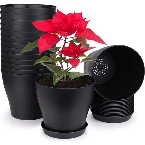 10er Set Blumentöpfe mit Untersetzer, 14cm rund, schwarz, Kunststoff (1/5)