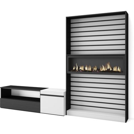 Skraut Home - Ensemble Meuble TV, Meuble Salon Complet, 260x186x35cm, Pour les TV jusqu'à 65", Cheminée électrique, Style moderne, Blanc et noir (1/5)