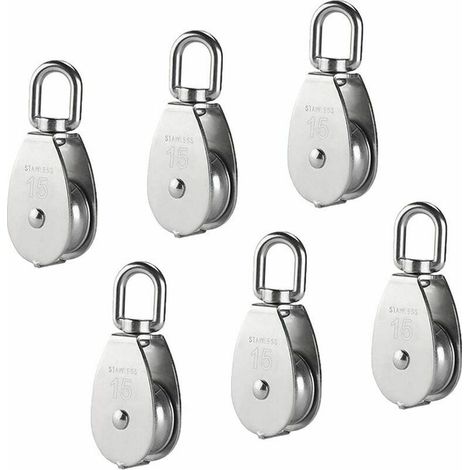 6 pièces M15 304 poulie simple en acier inoxydable, rouleau de poulie simple de 15MM, crochet pivotant de grue câble métallique lisse charge de câble 77lbs/35kg (1/5)