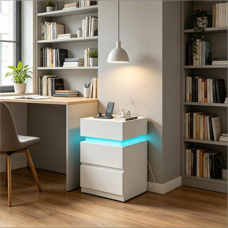 REDOM Set di 2 comodini 40x35x55 cm con stazione di ricarica e luce LED regolabile, 2 cassetti, legno bianco (1/5)
