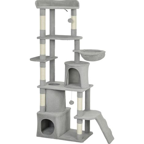 Arbre à chat 170 cm avec tunnel, 2 niches, grande base, poteaux en sisal, hamac et balles, tour multi-niveaux pour 1 à 3 chats, gris clair - CHICFURN (1/5)