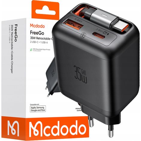 Cargador de pared rápido MCDODO, fuente de alimentación con 2 puertos USB-C y USB-A PD, cable de 35 W.