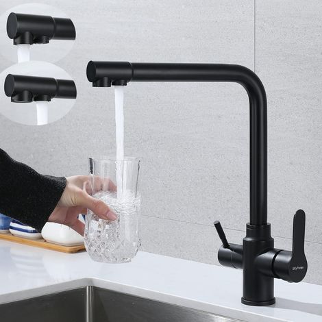 Robinet de cuisine, à ressort, en laiton brossé, rotatif à 360°, tête de pulvérisation à tirette et mélangeur avec 2 sorties (jet et pulvérisation), haute pression, nickel brossé (1/5)