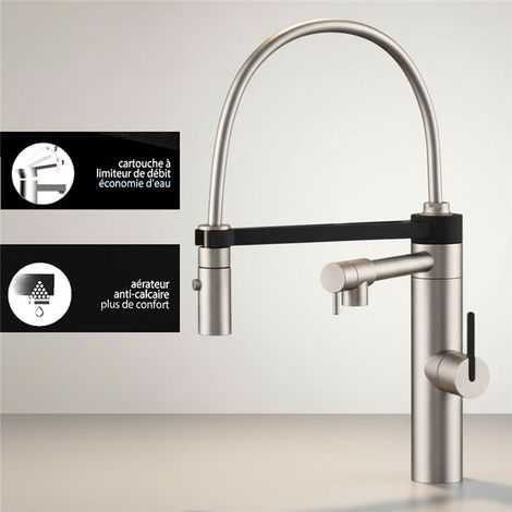 Robinet de cuisine mitigeur pour évier inox avec douchette gris et noir 44 cm avec bec mobile