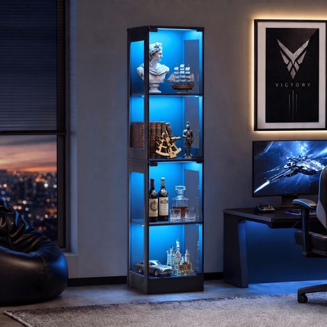 JOOKGBD–Glasvitrine für Sammlungen mit LED-Beleuchtung und intelligentem Bewegungssensor,2 Glastüren,4 Böden,designer Aufbewahrungsmöbel,für Wohnzimmer,Bibliothek,Büro,schwarz (1/5)