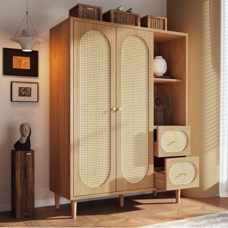 Armario ropero de madera color roble 120 x 44 x 161 cm con 2 puertas, 2 cajones, estantes abiertos y barra (1/5)