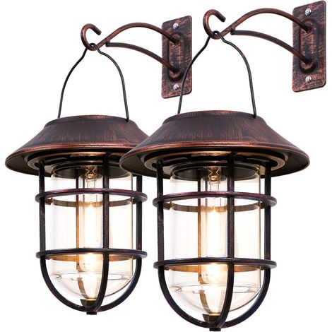 Outdoor Solar Hanging Lantern,  Solar Lights,  Waterproof Metal Outdoor Lights with Clear Glass,  Decorative LED Aluminum Wall Lantern with Hooks,  Bronze,  2pcs (1/5)