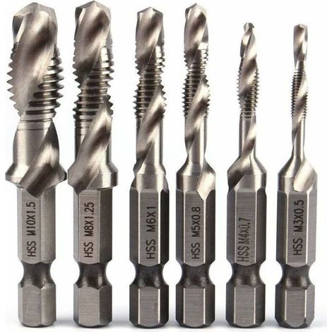 6pcs HSS Jeu de Foret Mèche à 1/4" Tige Hexagonale Set Robinet de Foreuse de Combinaison HSS Bit M3-M10 Filetage Métrique Drill (1/4)