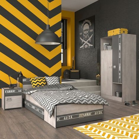 Chambre lit 90x200 avec tiroirs + 1 chevet + 1 armoire aspect bois grisé - ZIGGY (1/5)