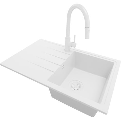 PRIMAGRAN Evier Cuisine en Granit 78x50cm, Lavabo 1 bac + Robinet 40x20cm + Kit de Vidage, Évier à Encastrer au meuble 45cm - Milan, Tout Blanc (1/5)