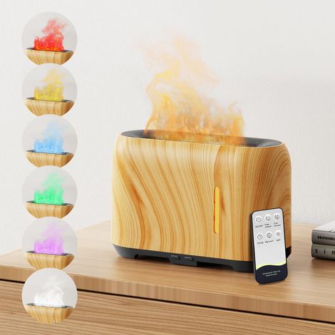 Diffuseur d'huiles essentielles effet flamme 7 couleurs, avec télécommande, 3 minuteries, lumière LED réglable, arrêt automatique (bois clair)