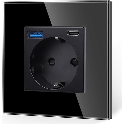 Prise simple avec USB charge rapide de 20 W en noir, 16 A Prises Schuko en verre avec connecteur USB de charge rapide et port de type C, prise murale (1/5)