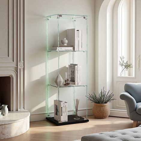 Glasvitrine, 3 Regale, LED, Präsentationsschrank für das Wohnzimmer, Für Sammlungen, Zeitgenössisch, 123 x 39 x 35cm, Schwarz
