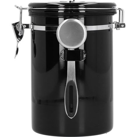 Boîte à café en grains avec valve d'échappement, en acier inoxydable, avec cuillère intégrée, noire (1/5)