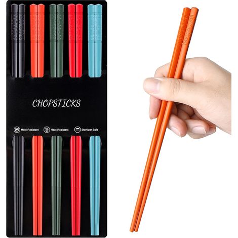 Lot de 5 paires de baguettes japonaises réutilisables en fibre de verre, passent au lave-vaisselle, baguettes antidérapantes de 24 cm (1/5)