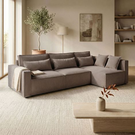 Canapé d'angle à droite 294x140x88 cm en velours côtelé taupe (1/5)