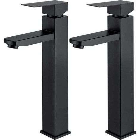 2X Robinet Salle Bain Noir Robinet de Lavabo Haut Mitigeur lavabo avec Poignée Carrée Robinetterie Lave Mains acier inoxydable-DOU