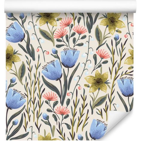 Papel pintado vintage con estampado de flores de pradera para salón y dormitorio, 50x1000 cm. (1/5)