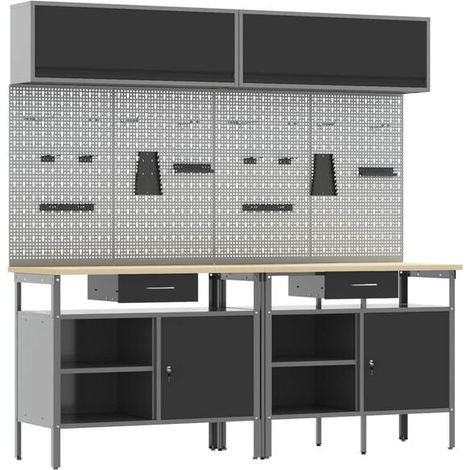 Ensemble d'établi 8 pièces, noir et gris, acier thermolaqué