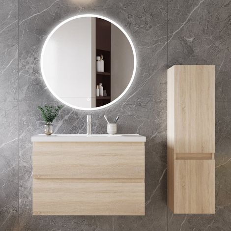Ocean Ensemble de meubles de salle de bain, 794652cm, meuble avec vasque + miroir LED rond + meuble colonne 110cm, Chêne (1/5)