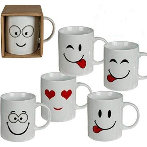 Emoji Mugs, 6x White Cups, Funny Faces Emoji Tea or Coffee