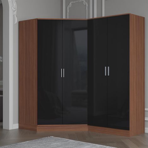Reflect 2pc Wardrobe Bundle - 2 Door Corner + 2 Door Plain - Black Gloss & Walnut (1/5)