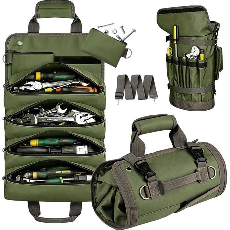 Petit sac à outils à roulettes en tissu Oxford avec poches zippées, pour électricien, plombiers, artisans, vert (1/5)